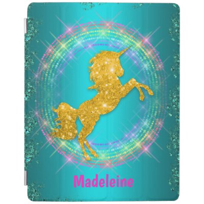 Personalized Golden Glitter Unicorn on Teal