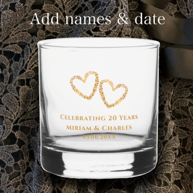 Personalized Golden Heart 20th Wedding Anniversary Whiskey Glass (Personalize this elegant unique golden heart 20th wedding anniversary keepsake gift glass.)