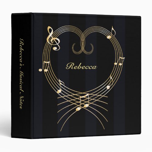 Personalized Golden Heart Musical Notes 3 Ring Binder