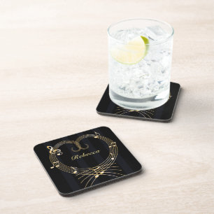 Personalized Golden Heart Musical Notes Beverage Coaster