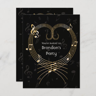 Personalized Golden Heart Musical Notes Birthday Invitation