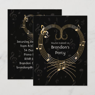 Personalized Golden Heart Musical Notes Birthday Invitation