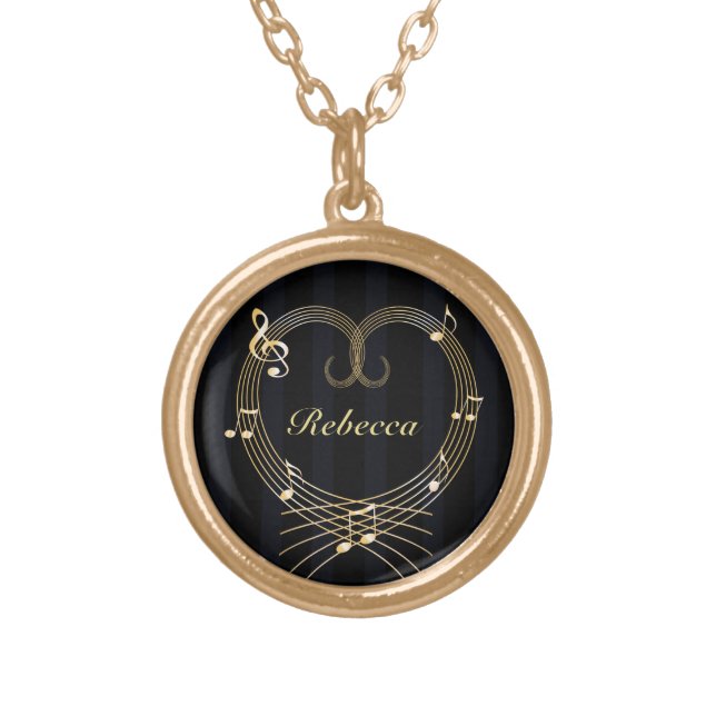 Personalized Golden Heart Musical Notes Gold Plated Necklace (Front)