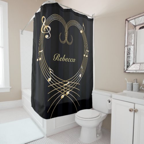Personalized Golden Heart Musical Notes Shower Curtain