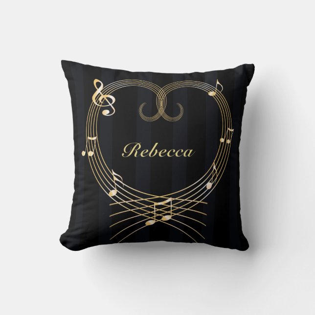 Personalized Golden Heart Musical Notes Throw Pillow (Front)