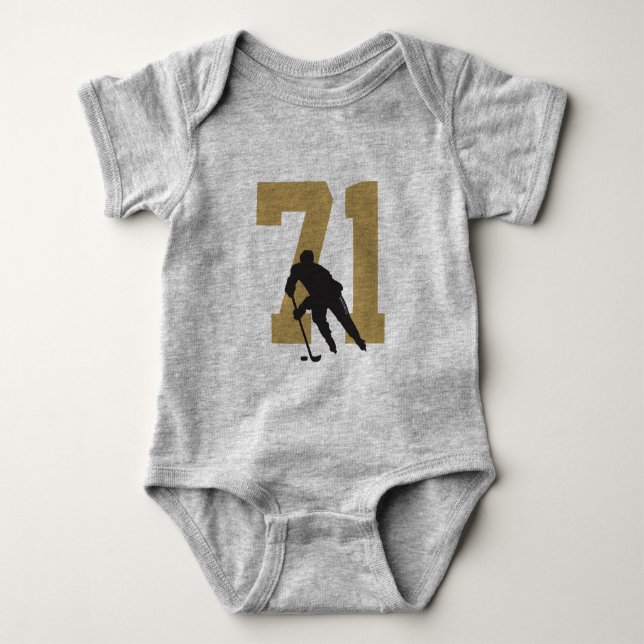 Personalized Golden Hockey Player Number Jersey Baby Bodysuit (Front)