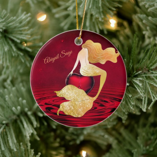 Personalized Golden Mermaid with Red Heart Ceramic Ornament (Tree)