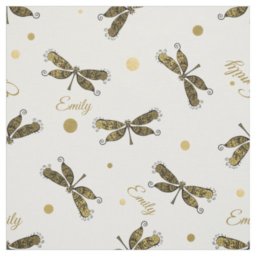 Personalized Golden Name Dots and Dragonfly Fabric