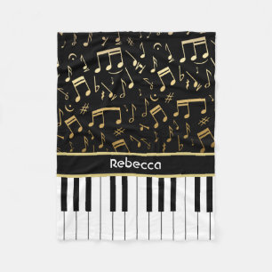 Personalized golden notes and piano keys fleece blanket
