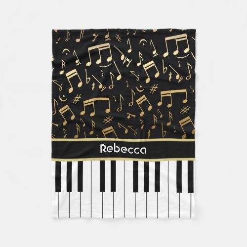 Personalized golden notes and piano keys fleece blanket