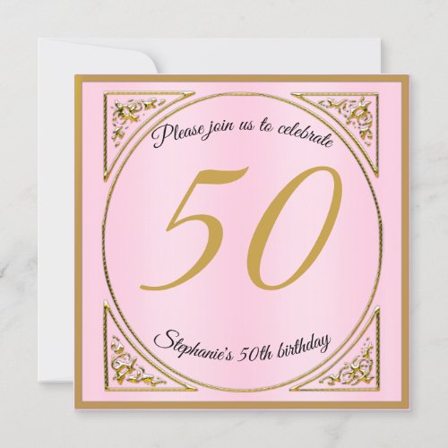 Personalized Golden Pink 50th Birthday Invitation