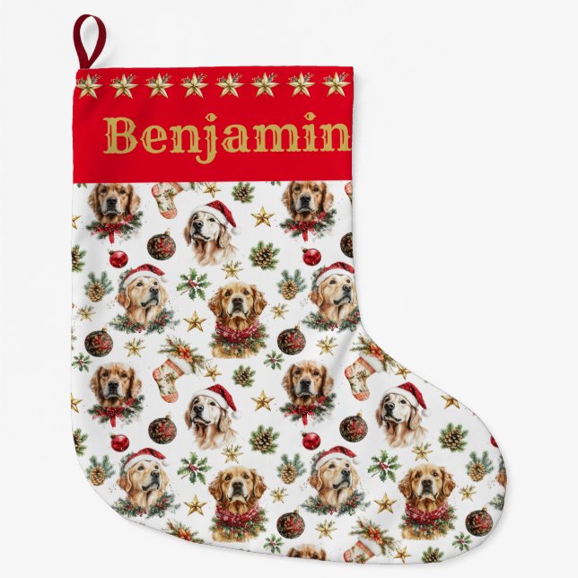 Personalized Golden Retriever Dog Christmas Stocki Large Christmas Stocking (Front)