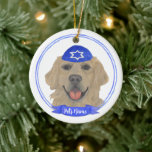 Personalized Golden Retriever Dog Hanukkah Ceramic Ornament<br><div class="desc">Celebrate your favorite mensch on a bench with a personalized ornament! This design features a sweet illustration of a golden retriever dog with a blue and white yarmulke. For the most thoughtful gifts, pair it with another item from my collection! To see more work and learn about this artist, visit...</div>