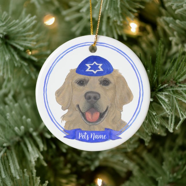 Personalized Golden Retriever Dog Hanukkah Ceramic Ornament (Tree)