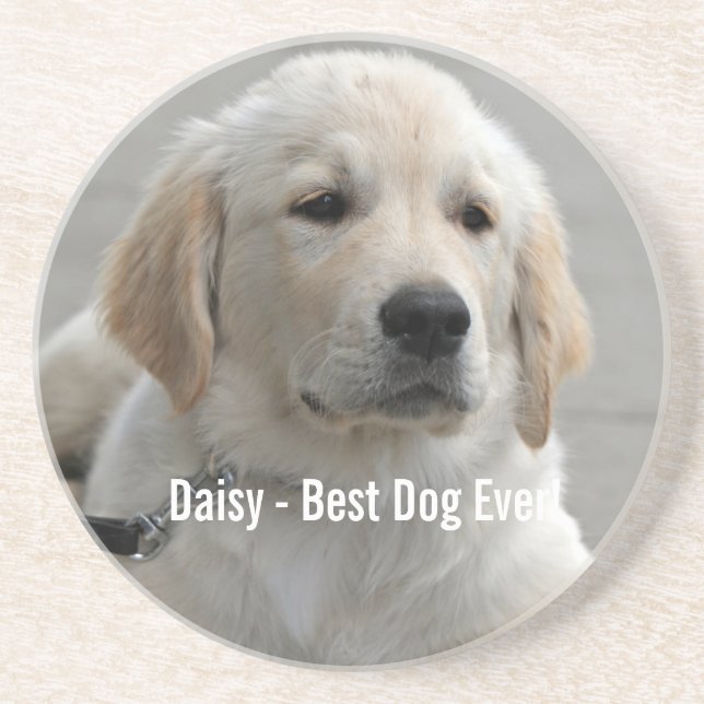 Personalized Golden Retriever Dog Photo and Name Drink Coaster (Front)