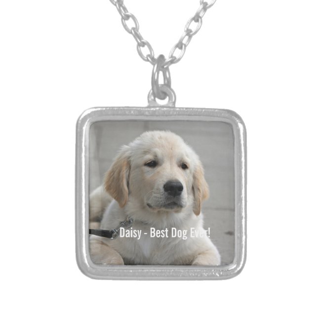 Personalized Golden Retriever Dog Photo and Name Silver Plated Necklace (Front)