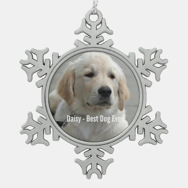 Personalized Golden Retriever Dog Photo and Name Snowflake Pewter Christmas Ornament (Front)