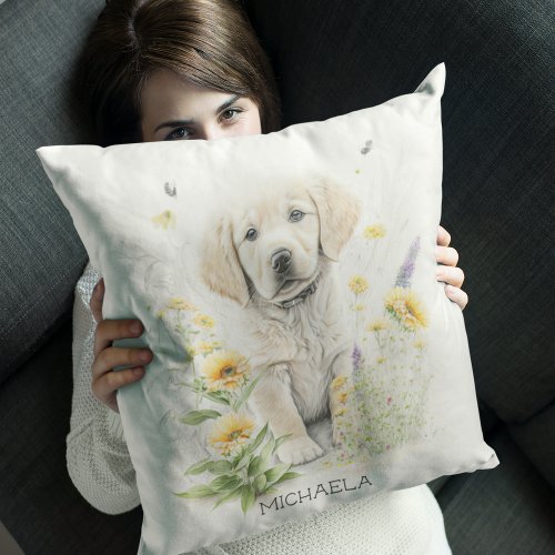 Personalized Golden Retriever Pup in Flowers Throw Pillow