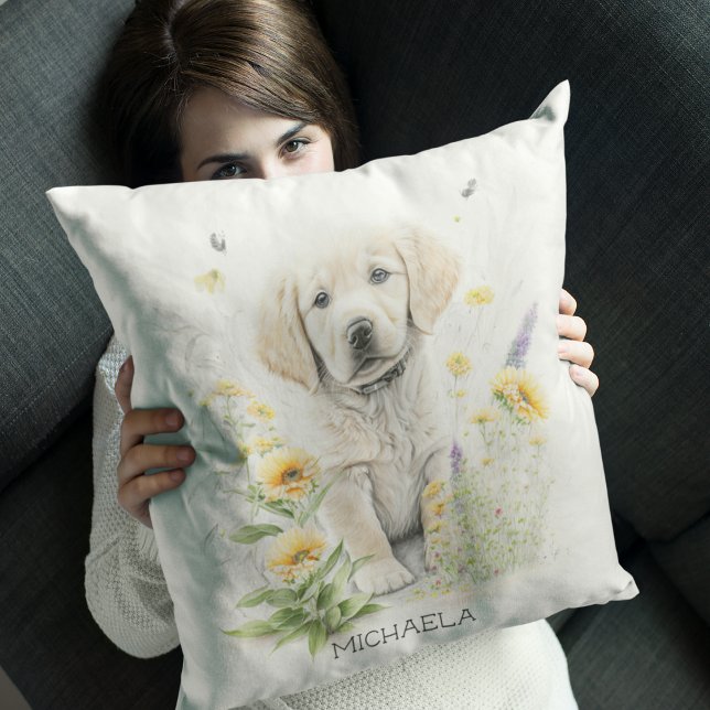 Personalized Golden Retriever Pup in Flowers Throw Pillow (Creator Uploaded)