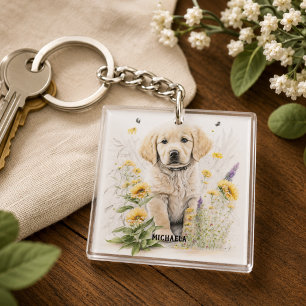 Personalized Golden Retriever Puppy and Florals Keychain