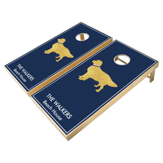 Personalized Golden Retriever Silhouette Preppy Cornhole Set (Angled)