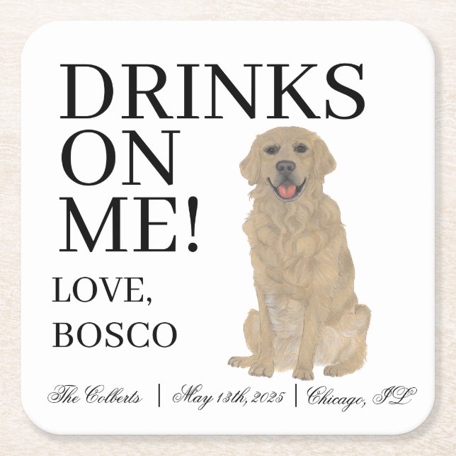 Personalized Golden Retriever Wedding Square Paper Coaster (Front)