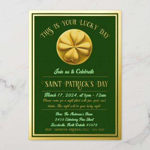 Personalized Golden Shamrock St Patricks Day Foil Invitation