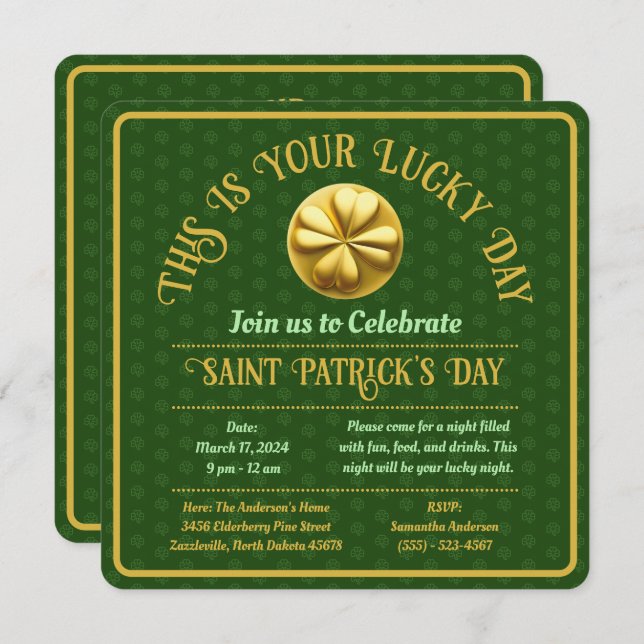Personalized Golden Shamrock St. Patrick's Day Invitation (Front/Back)