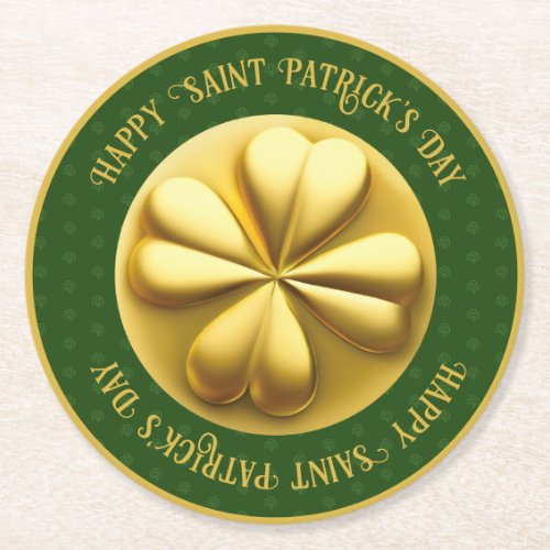 Personalized Golden Shamrock St Patricks Day Round Paper Coaster
