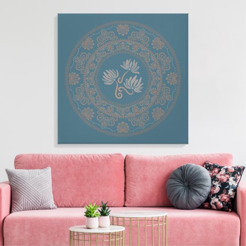 Personalized Golden Teal Rococo Lotus Dot Mandala Canvas Print
