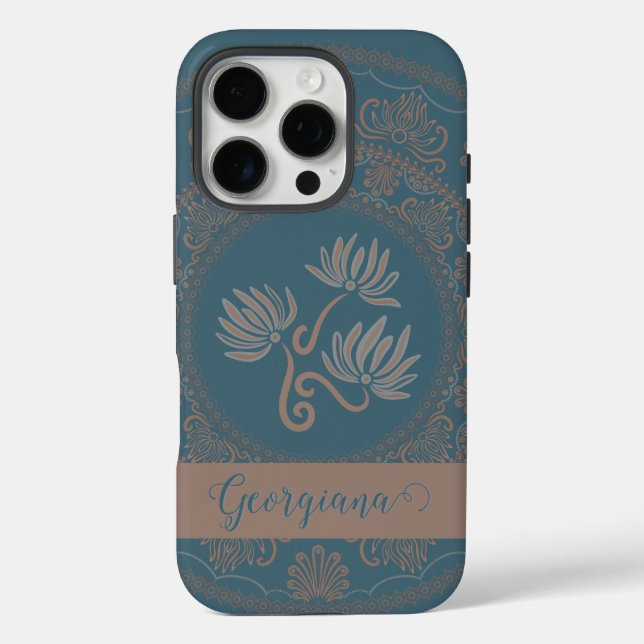 Personalized Golden Teal Rococo Lotus Dot Mandala Case-Mate iPhone Case (Back)