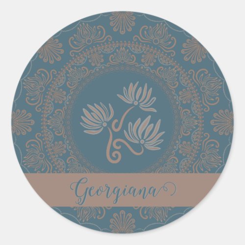 Personalized Golden Teal Rococo Lotus Dot Mandala Classic Round Sticker