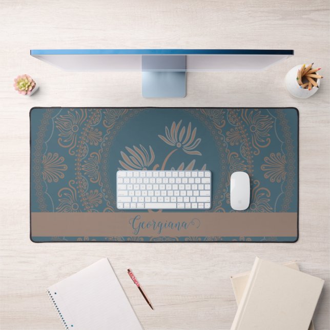 Personalized Golden Teal Rococo Lotus Dot Mandala Desk Mat (Office 1)
