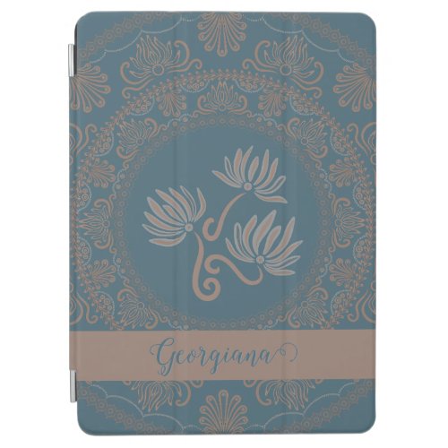Personalized Golden Teal Rococo Lotus Dot Mandala iPad Air Cover