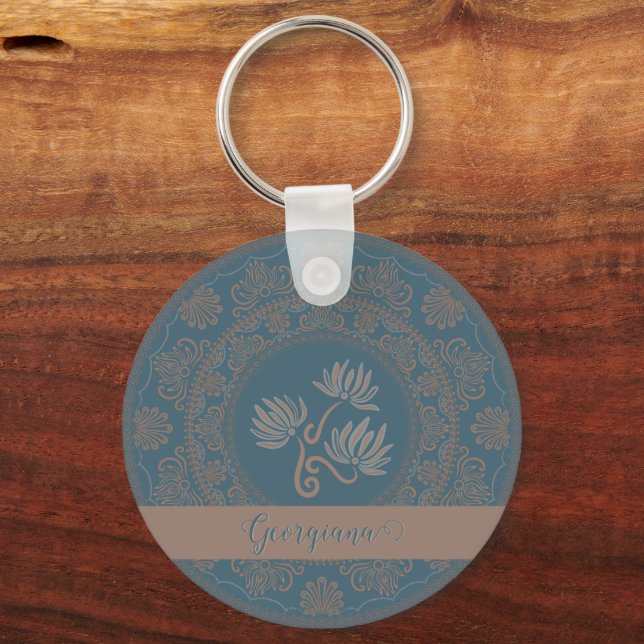 Personalized Golden Teal Rococo Lotus Dot Mandala Keychain (Front)