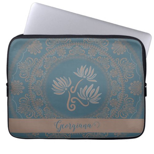 Personalized Golden Teal Rococo Lotus Dot Mandala Laptop Sleeve