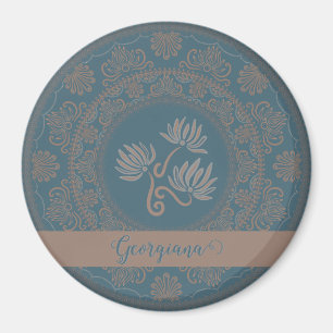 Personalized Golden Teal Rococo Lotus Dot Mandala Magnet