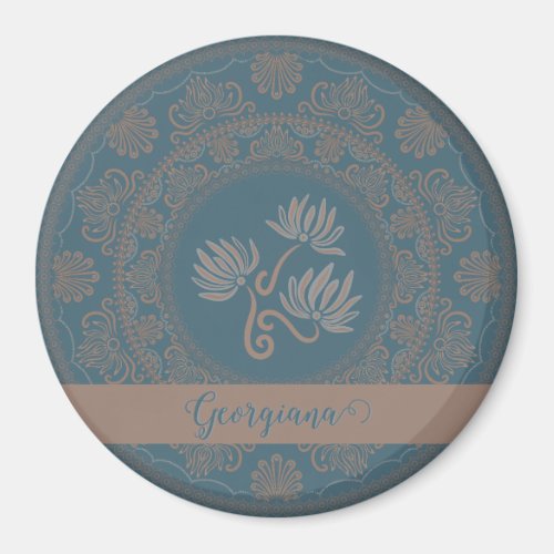 Personalized Golden Teal Rococo Lotus Dot Mandala Magnet