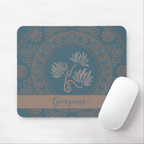 Personalized Golden Teal Rococo Lotus Dot Mandala Mouse Pad