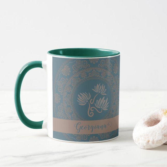 Personalized Golden Teal Rococo Lotus Dot Mandala Mug (With Donut)