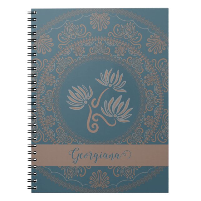 Personalized Golden Teal Rococo Lotus Dot Mandala Notebook (Front)