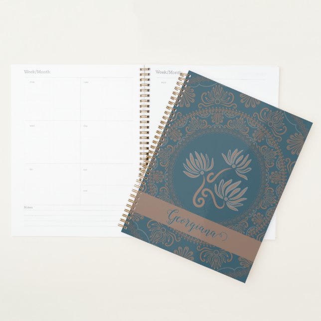 Personalized Golden Teal Rococo Lotus Dot Mandala Planner (Display)