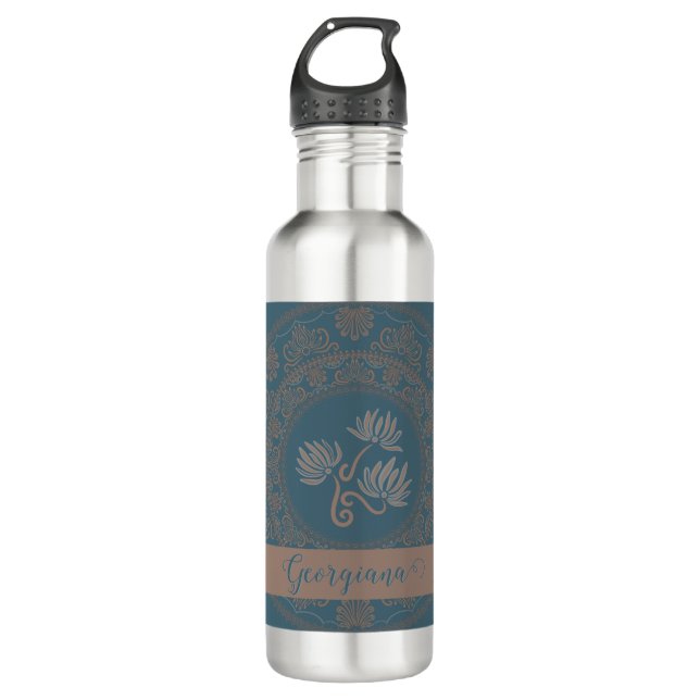 Personalized Golden Teal Rococo Lotus Dot Mandala Stainless Steel Water Bottle (Front)