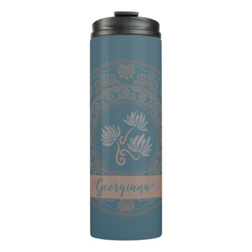 Personalized Golden Teal Rococo Lotus Dot Mandala Thermal Tumbler