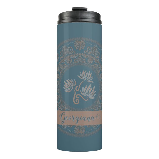 Personalized Golden Teal Rococo Lotus Dot Mandala Thermal Tumbler (Front)