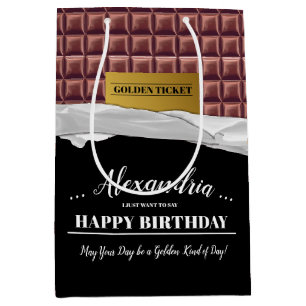 Personalized Golden Ticket Chocolate Bar Birthday Medium Gift Bag