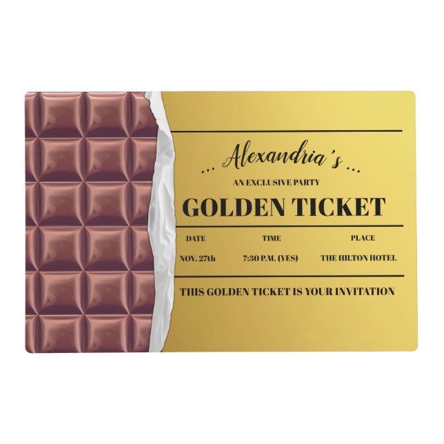 Personalized Golden Ticket Chocolate Bar Placemat (Back)