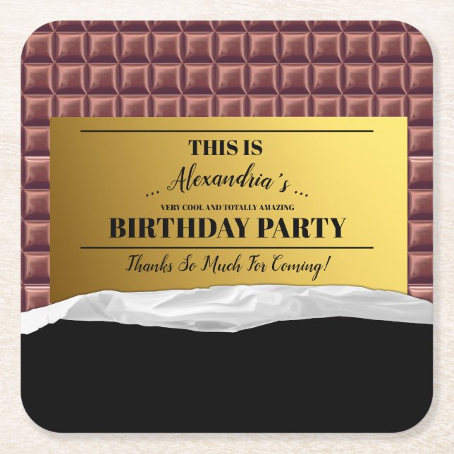Personalized Golden Ticket Chocolate Party Square Paper Coaster (Front)