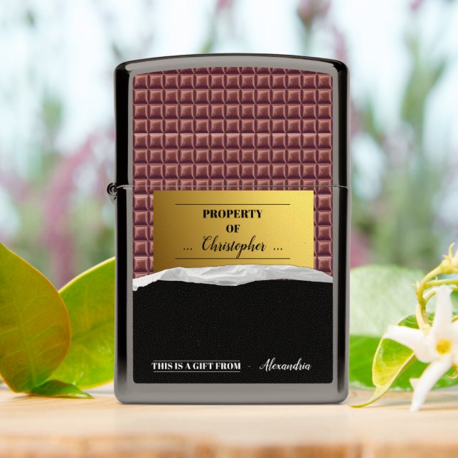 Personalized Golden Ticket Chocolate Zippo Lighter (On Table)