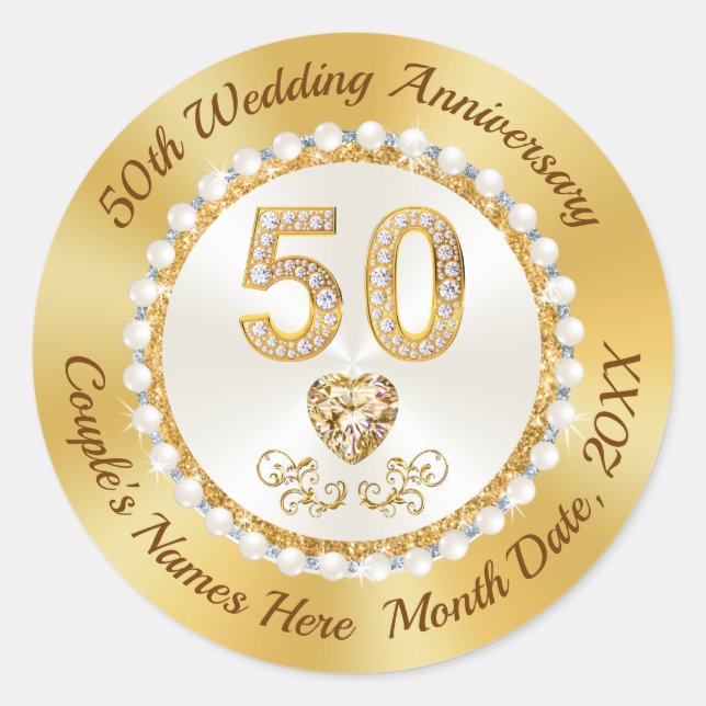 Personalized, Golden Wedding Anniversary Stickers, Classic Round Sticker (Front)